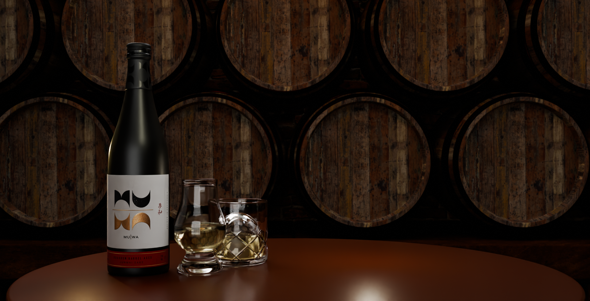 MUWA bottle with two glasses of sake and burbon barrels in the background